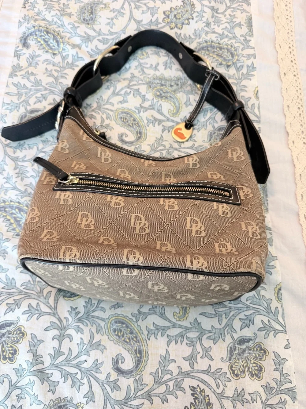Dooney & Bourke Tan Monogram Shoulder Bag with Black Trim